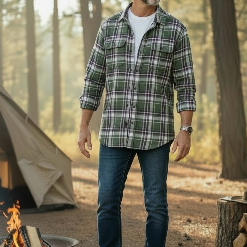 Men’s LL Bean Plaid Button Up Shirt Green Brown Long Sleeves Size L Pockets
